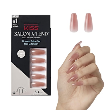 KISS Salon Xtend PressOn Nails Nail glue included Flowers Medium Pink Long Size Coffin Shape Includes 30 Nails 5Ml Led Soft Gel Adhesive 1 Manicure Stick 1 New Mini File New Prep Pad