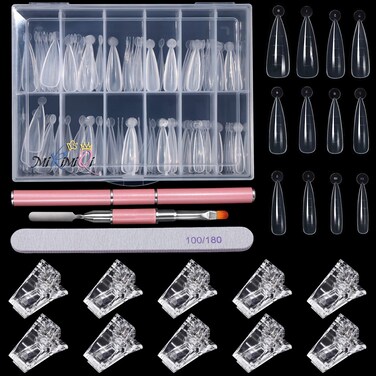 MIKIMIQI Dual Nail Forms Set Poly Gel Quick Building Nail Kit 120Pcs Stiletto Gel Nail Molds with 10Pcs Acrylic Nail Tips Clips 1Pc DualEnded Poly Extension Gel Brush Nail File for Polygel Extension