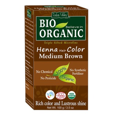 INDUS VALLEY Bio Organic Natural Henna Hair Color Medium Brown 100gm 100 Gray Hair Coverage And Long Lasting Hair Dye  Vegan and CrueltyFree