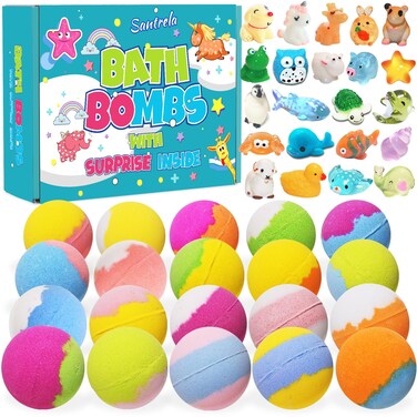 Santrela Bath Bombs for Kids with Surprise Inside 20 Pack Kids Bath Bombs Gift Set with Toys for Girls Boys Handmade Bubble Bath Fizzy Balls Kit for Birthday Christmas EasterPackage May Vary