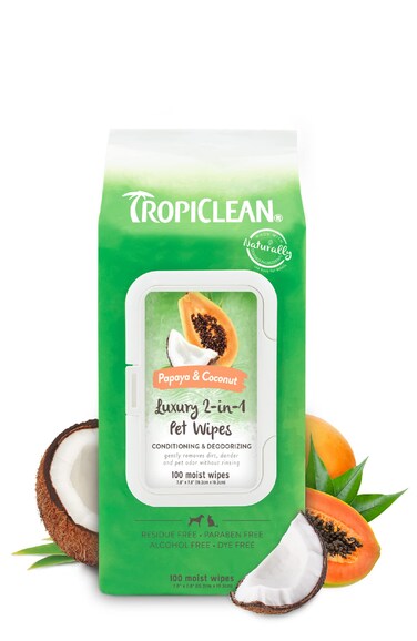 TropiClean Papaya  Coconut Luxury 2in1 Pet Wipes 100ct  Wipes for Dogs  Cats  Gently Removes Dirt Dander  Smells  for Pet Paws Face Body  Butt  Tropical Papaya  Coconut Scent