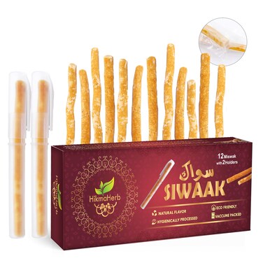 HikmaHerb Pack of 12 Miswak Sticks with 2 Holders  Vacuum Sealed Natural Chewing Sticks for Teeth  Natural Flavored Toothbrush for Teeth Whitening Oral Health and Fresh Breath  Pack of 12
