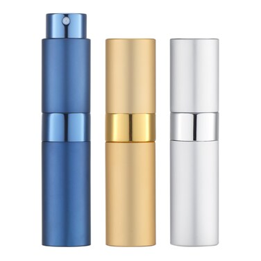 LISAPACK 8ML Atomizer Perfume Spray Bottle for Travel 3 PCS Empty Cologne Dispenser Portable Sprayer Gold Silver Blue