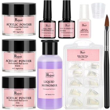 Rejoxi Acrylic Nail Kit with Prep Dehydrator and Primer Acrylic Nail Powder and Liquid Kit French Clear Nail Tips Glue Brush DIY Nail Kit with Everything