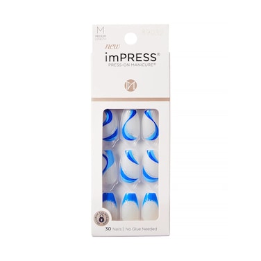 imPRESS KISS No Glue Mani Press On Nails Design Mesmerize Blue Medium Size Coffin Shape Includes 30 Nails Prep Pad Instructions Sheet 1 Manicure Stick 1 Mini File