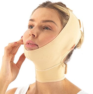 invera Post Surgery Neck and Chin Compression Garment Wrap Bandage Face Slimmer Jowl Tightening Neck Coverage Chin Lifting Strap Beige S