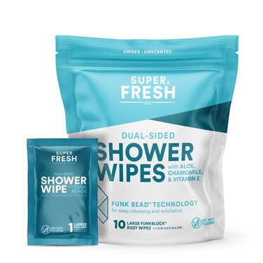 FunkBlock Body Wipes Large Shower Wipes Ideal for Hygiene Body Cleansing Camping Wipes Gym  Travel No Rinse Bathing Wipes with Aloe and Vitamin E Bag of 10 Unscented Individually Wrapped