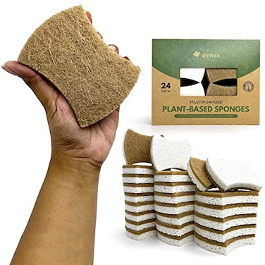 AIRNEX Biodegradable Natural Kitchen Sponge  Compostable Cellulose and Coconut Walnut Scrubber Sponge  Pack of 24 Eco Friendly Sponges for Dishes