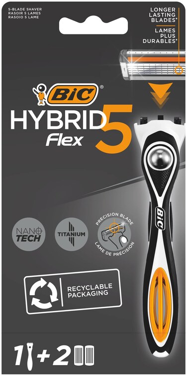BIC Hybrid 5 Flex Refillable Mens Razor Kit Handle and NanoTech Titanium 5Blade Refills  Box of 12