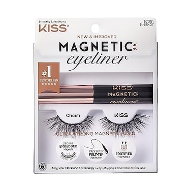KISS Magnetic Eyeliner  Lash Kit Charm 1 Pair of Synthetic False Eyelashes With 5 Double Strength Magnets and Smudge Proof Biotin Infused Black Magnetic Eyeliner with Precision Tip Brush