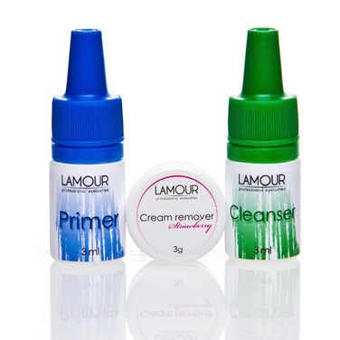 WE LASH Eyelash Extension Kit 3in1 Cleanser PreTreatment for Semi Permanent Eyelashes Extensions Primer Extension Cream Remover 3g Easily Removes Proteins and Oils Longer Retention by Lamour