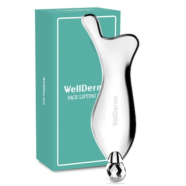 WELLDERMA Stainless Steel 2 in 1 Gua Sha  face Roller Metal Tool for Effective Puffiness Reduction Lymphatic Drainage and Facial Tension Durable Convenient Gua Sha Travel Friendly Pouch
