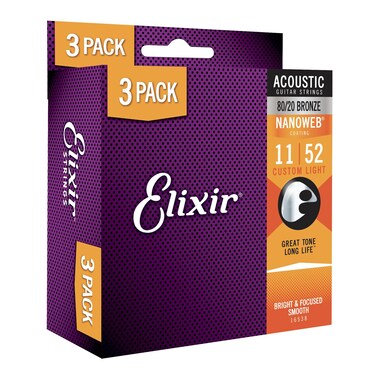 Elixir 3 Pack  Strings 8020 Bronze Acoustic Guitar Strings with NANOWEB Coating Custom Light 011052 16538
