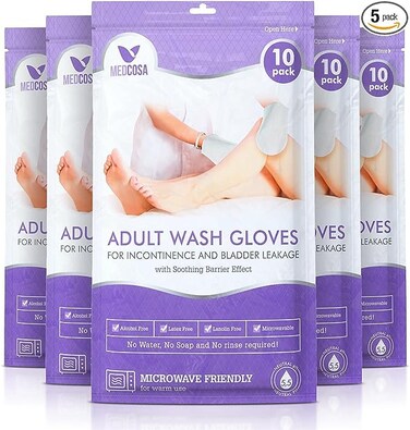 Medcosa Adult Washcloths for Incontinence  Unique Disposable Body Wipes Shaped Like a Glove Unscented Premoistened Wet Wipes with Barrier Cream  5 Pack 50 Wash Cloths 50 Count Pack of 5
