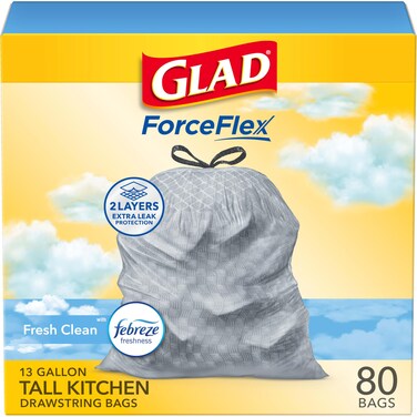 Glad ForceFlex Tall Kitchen Drawstring Trash Bags  13 Gallon Trash Bag Fresh Clean scent with Febreze Freshness  80 Count Package May Vary