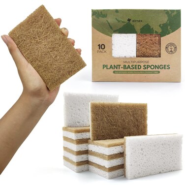 AIRNEX 10 Pack Biodegradable Natural Kitchen Sponge  Compostable Cellulose and Coconut Walnut Scrubber Sponge  Eco Friendly Sponges for Dishes