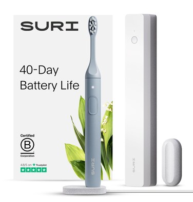 SURI Sustainable Sonic Toothbrush  Slim and Powerful Electric Toothbrush Recyclable PlantBased Head 2 Modes Including UV LED Cleaning Case MirrorMount and Charging Stand  Morning Waves
