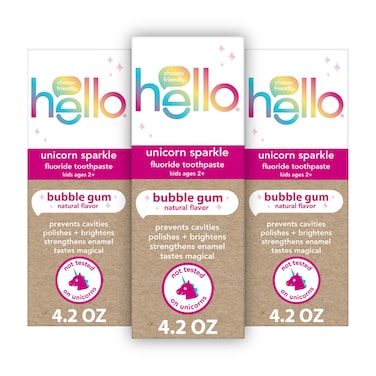 hello Unicorn Sparkle Kids Fluoride Toothpaste Natural Bubble Gum Flavor ADA Approved Ages 2 No Artificial Sweeteners No SLS Gluten Free Vegan Pack of 3 42 oz Tubes