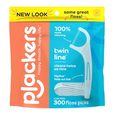 Plackers TwinLine Dental Flossers Cool Mint Flavor Dual Action Flossing System Easy Storage Super Tuffloss 2X The Clean 300 Count Pack of 1