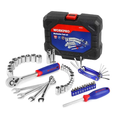 Workpro 52Piece Mechanics Tool Kit Drive Socket Wrench Set 38Inch QuickRelease Ratchets With Blow Molded Case W009087A