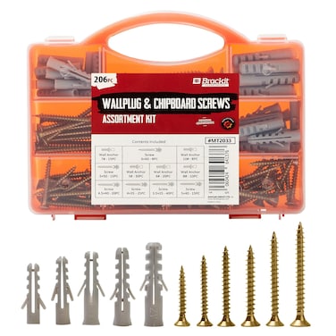 Brackit 206 Piece Drywall Plugs  Anchors Set  Heavy Duty Chipboard Screws Assortment Kit inc Countersunk Pozi Drive Head Wood Screws  For Repairing Drilling Mounting Building Furniture and DIY