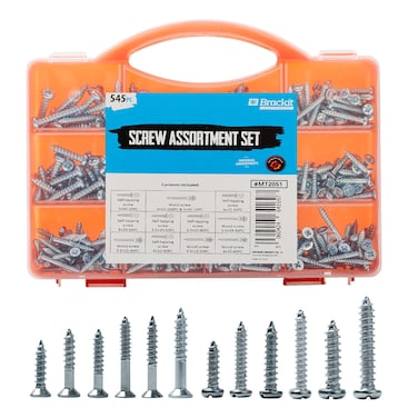 Brackit 545 Piece Self Tapping Screws Assortment Set  Secure Wood Screw Fastenings Kit  Assorted Sizes  For Repair Maintenance  Assembly 545 Piece
