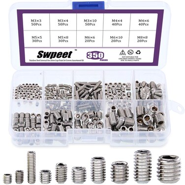 Swpeet 350 Pcs Stainless Steel Allen Head Socket Hex Grub Screw Assortment Kit Including 10 Sizes M34568 Stainless Steel Internal Hex Drive CupPoint Set Screws for Door Handles