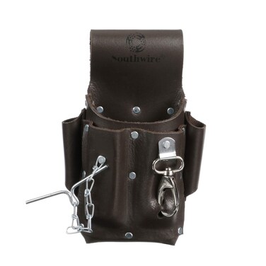Southwire Tools  Equipment Pouch4 Leather Tool Pouch 5 Pocket Pouch With Electrical Tape Chain Fade Resistant Durable Compartments Washer Rivets Includes Metal Clip Black