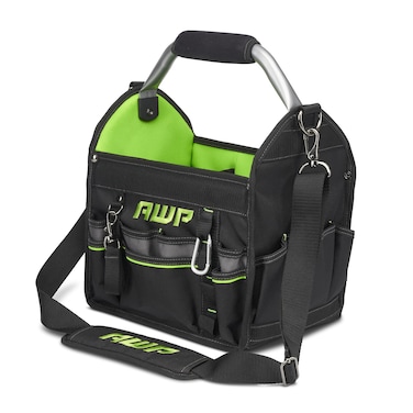 AWP 12 Inch Pro Tool Tote with Rotating Handle for Easy Tool Access WaterResistant Construction BlackGreen