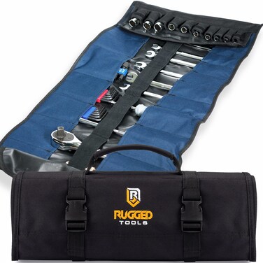 Rugged Tools 32 Pocket Roll Organizer  Wrench Organizer  Pouch  Wrench Roll Includes Pouches for 10 Sockets  Roll Up Bag for Electrician HVAC Plumber Carpenter or Mechanic  From