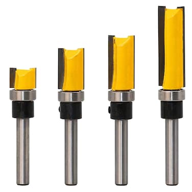 14 Inch Shank Pattern Flush Trim Router Bit Set  Carbide Template Top Bearing Router Cutter 4 Sizes Straight Hinge Mortising Wood Milling Cutter Router Bit Tool for Woodworking Light Work 4