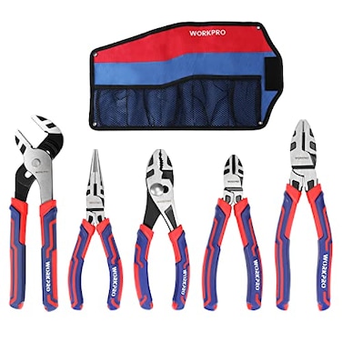 WORKPRO Pliers Set Premium CrV Construction Includes 6 Inch Slip Joint Pliers 6 Inch Long Nose 6 Inch Diagonal Cutting 8 Inch Groove Joint 7 Inch Linesman and Storage Pouch for Basic Repair