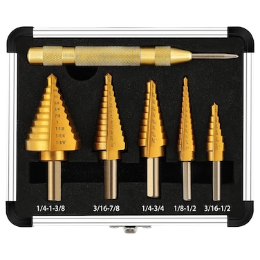 Step Drill Bit Set 5Piece TitaniumCoated with Automatic Center Punch  Short Length Double Cutting Blades HighSpeed Steel  Covering 50 Sizes Complete with Aluminum Case