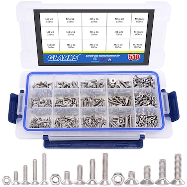 Glarks 510Pcs Metric M3 M4 M5 Stainless Steel Flat Head Cap Bolts Screws Nuts Assortment Kit