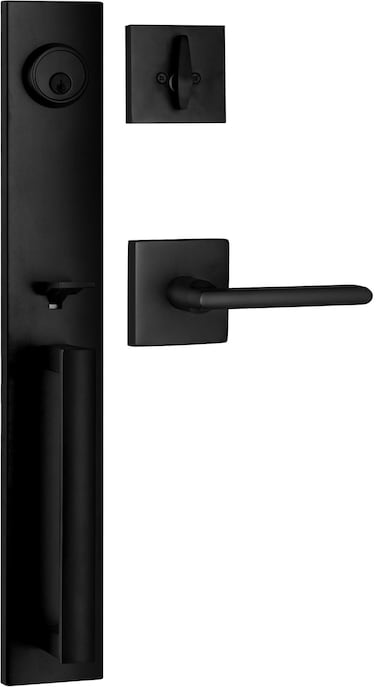 Berlin Modisch Full Escutcheon HandleSet Front Door Entry Handle and Deadbolt Lock Set Slim Square Single Cylinder Deadbolt and Lever Heavy Duty  Iron Black Finish