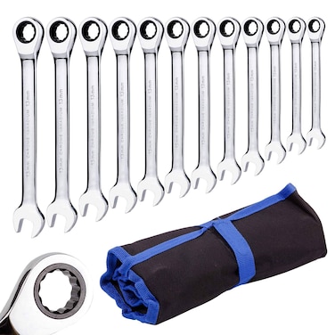 AlightYoicn Lth Ratchet Spanner Set Combination Wrench 12 Piece  Metric Sizes from 8mm to 19mm with Roll Bag Perfect for Home Bike and Car Repairs