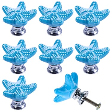 BAMILEE House Eforlike 4 Pcs Starfish Ceramic Drawer Pulls Handles for Nursery Dresser Cupboard Wardrobe Cabinet Kitchen Beach Ocean Theme Knobs Blue