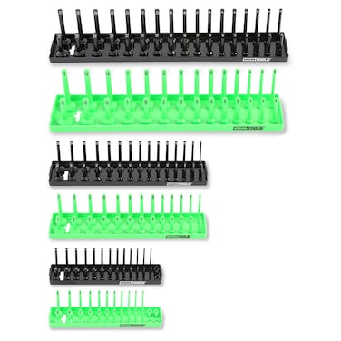 OEMTOOLS 22233 6 Piece Socket Tray Organizer Set Green and Black Socket Rails Holds 80 SAE  90 Metric Sockets Deep and Shallow 14 38  12 Drive