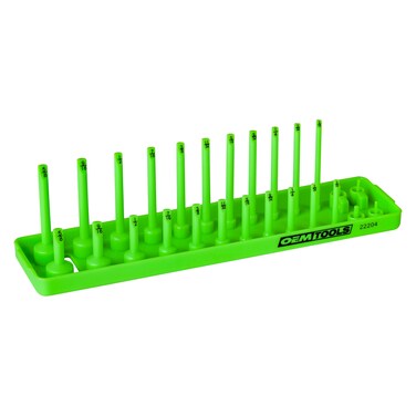 OEMTOOLS 22204 SAE Socket Tray 14 Drive  Holds 26 SAE Sockets Both Deep and Shallow Sockets  Magnetized to Stay Put in Your Tool Box or Tool Chest  Made of Rugged PVC  Green