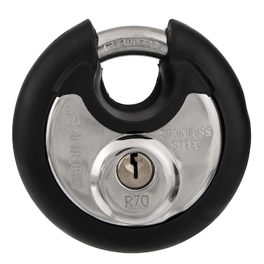 BRINKS  Heavy Duty Padlock with Key  70mm Stainless Steel Commercial Discus Keyed Lock for Storage Shed Garage Locker Sliding Doors Cabinets and More  Round with Steel Shackle Black