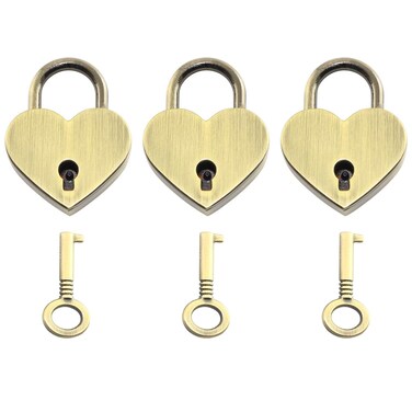 Tegg Heart Shape Padlock 3PCS Vintage Style Mini Archaize Brass Heart Shape Key Lock with Key