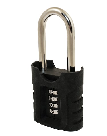FJM Security Products SX974 Long Shackle Combination Padlock With Protective Silicone Sleeve Black