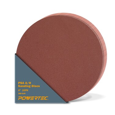 POWERTEC 110740 8Inch PSA 180 Grit Aluminum Oxide Adhesive Sanding Disc 10Pack