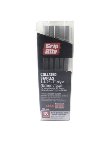 GripRite Grip Rite Prime Guard MAXB64912 112inch 316 Stainless Steel 18 Gauge Lstyle Narrow Crown Staple 500 per Belt Clip