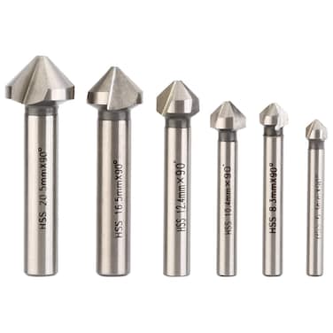 Chiloskit 3 Flute 90 Degree HSS Chamfering End Mill Cutter Bit Countersink Drill Bit Pack of 6pcs