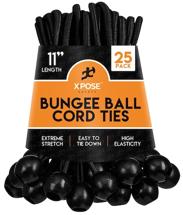 Xpose Safety Bungee Ball Cords 11 25 Pack Heavy Duty Black Stretch Rope with Ball Ties for Canopies Tarps Walls Cable Organization