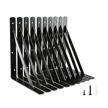 HOME MASTER HARDWARE 12 inch x 8 inch Heavy Duty Shelf Brackets Load Capacity 600lb Black Metal 90 Degree Supports for Shelves 10Pack Wall Mounted L Bracket for Floating Shelving with Screws