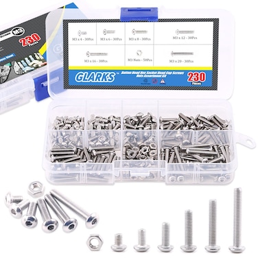 Glarks 230Pcs M3 Stainless Steel Allen Hex Drive Button Head Socket Cap Bolts Screws Nuts Assortment Kit M3