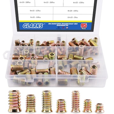 Glarks 95Pcs Zinc Alloy Hex Flanged Screwin Nut Hex Socket Drive Threaded Insert Nuts Assortment Set For Wood Furniture
