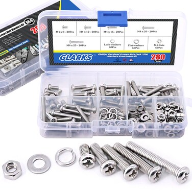 Glarks 280Pieces M4 Pan Head Phillips Stainless Steel Screws Bolts Nuts Lock and Flat Gasket Washers Assortment Kit